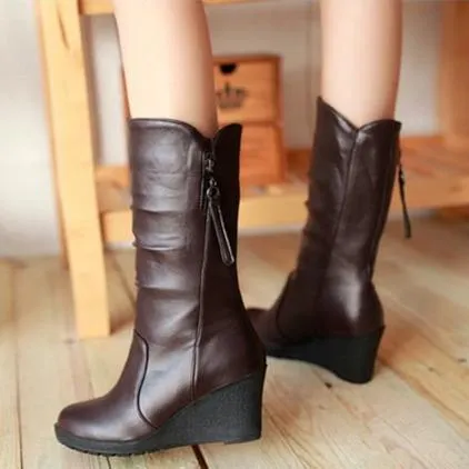 Women retro slouch mid calf wedge boots | Tassel zipper mid calf boots