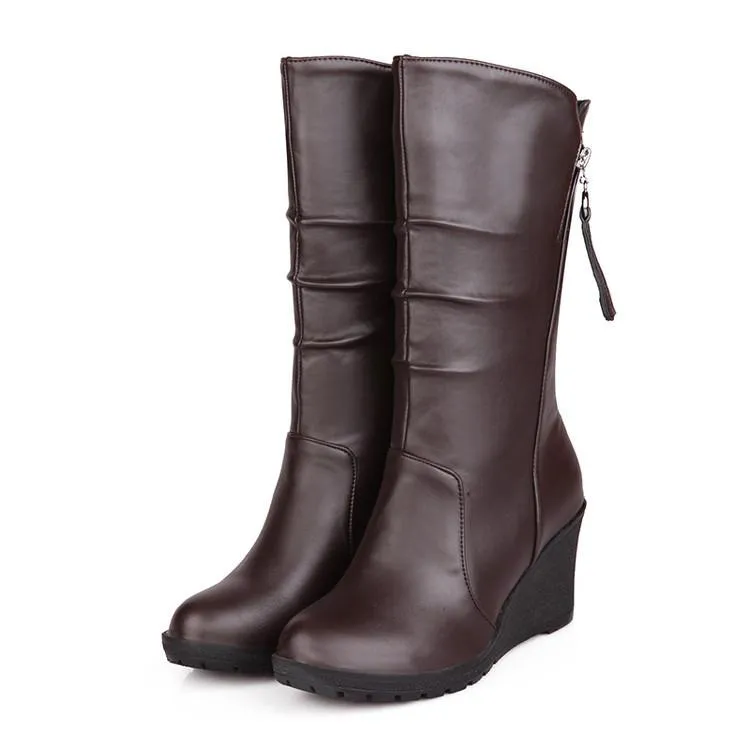 Women retro slouch mid calf wedge boots | Tassel zipper mid calf boots