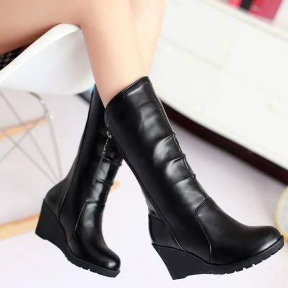 Women retro slouch mid calf wedge boots | Tassel zipper mid calf boots