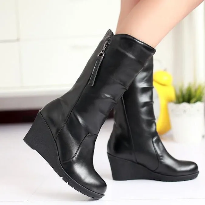 Women retro slouch mid calf wedge boots | Tassel zipper mid calf boots