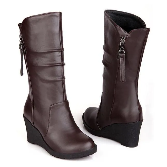 Women retro slouch mid calf wedge boots | Tassel zipper mid calf boots