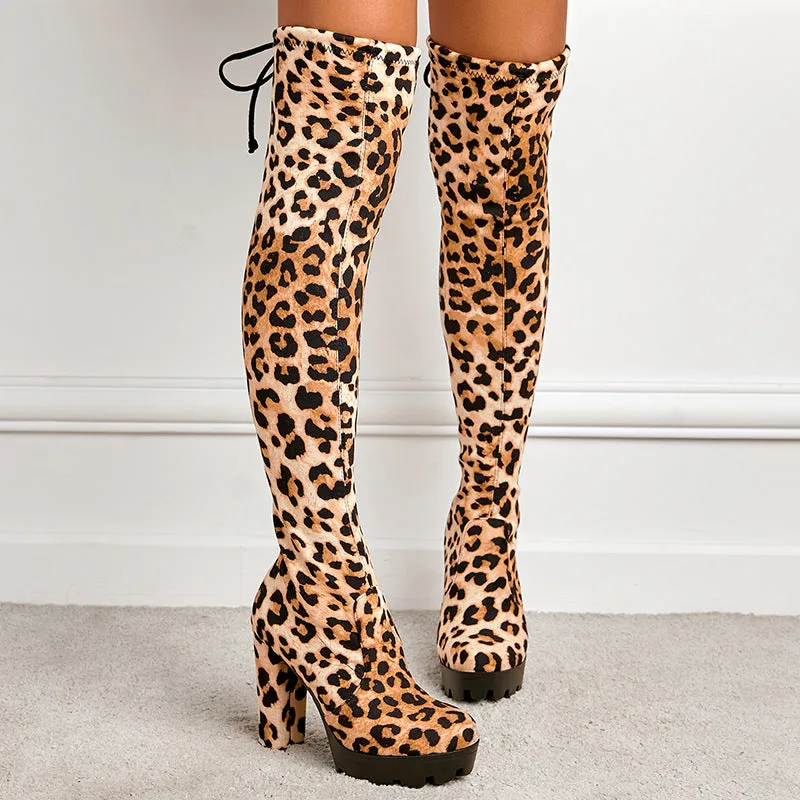 Women's black leopard slimming chunky high heels platform over the knee boots