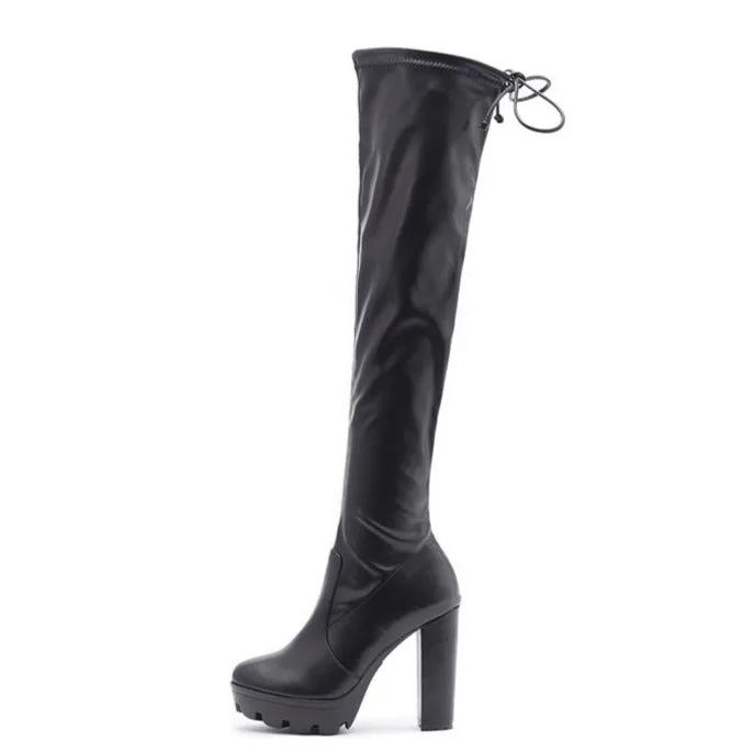 Women's black leopard slimming chunky high heels platform over the knee boots