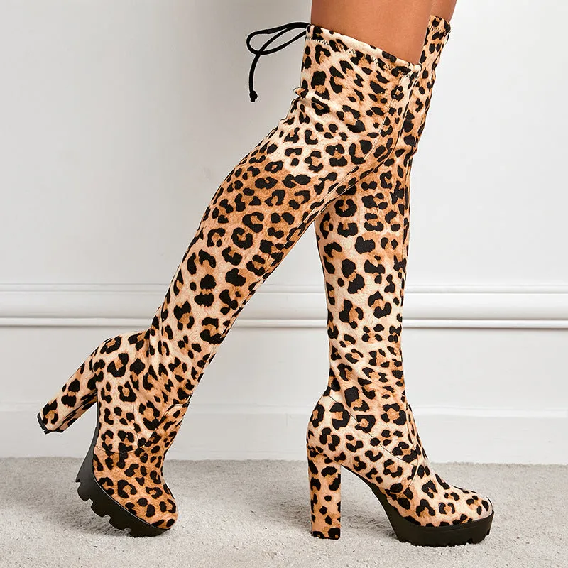Women's black leopard slimming chunky high heels platform over the knee boots