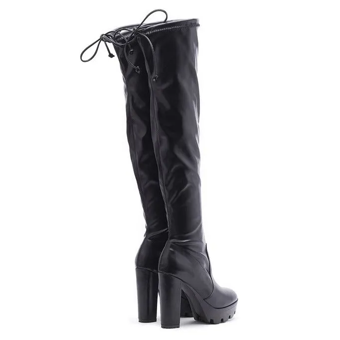 Women's black leopard slimming chunky high heels platform over the knee boots