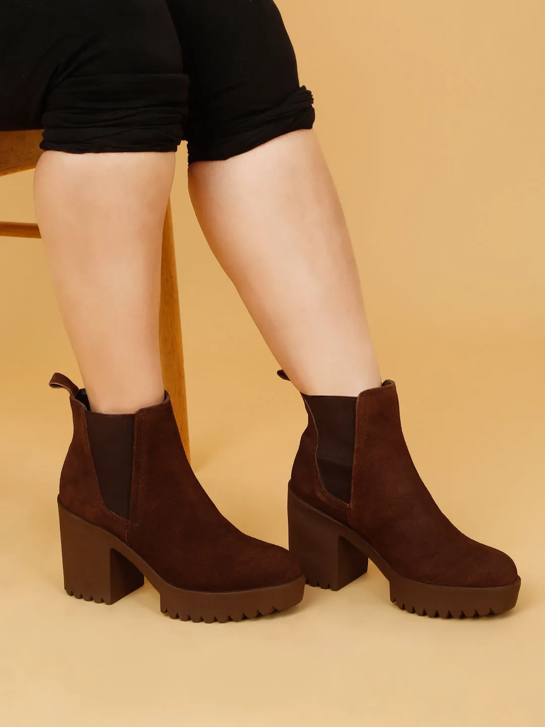 Women's Brown Suede Leather Mid - Ankle High Heeled Boots