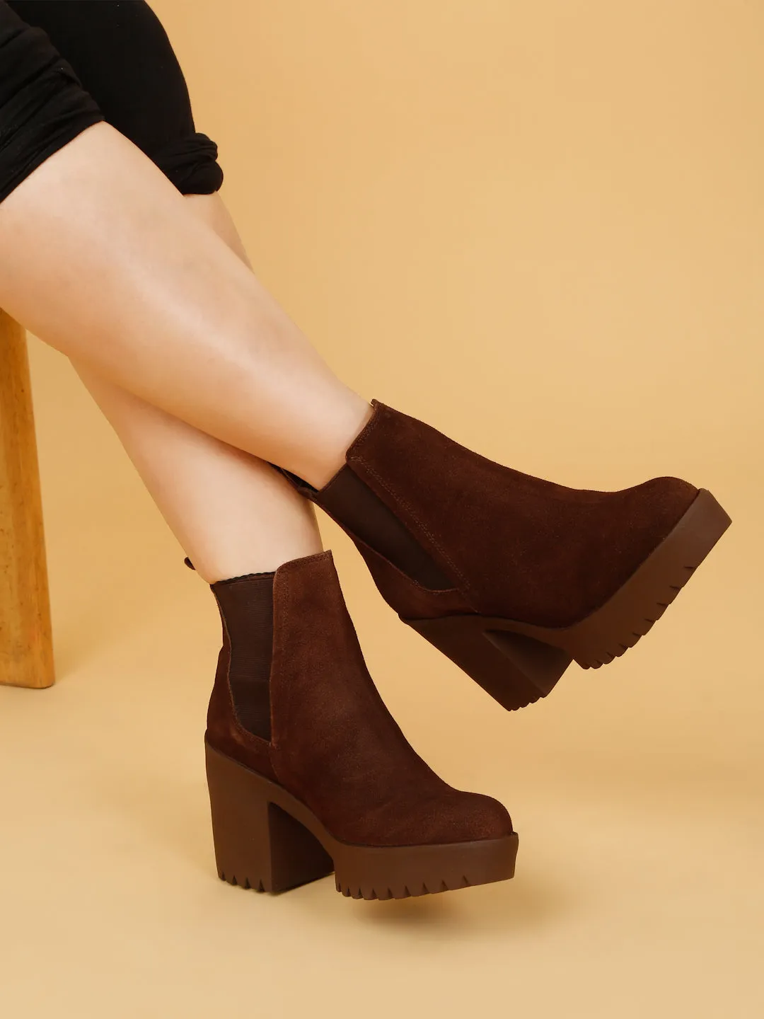 Women's Brown Suede Leather Mid - Ankle High Heeled Boots