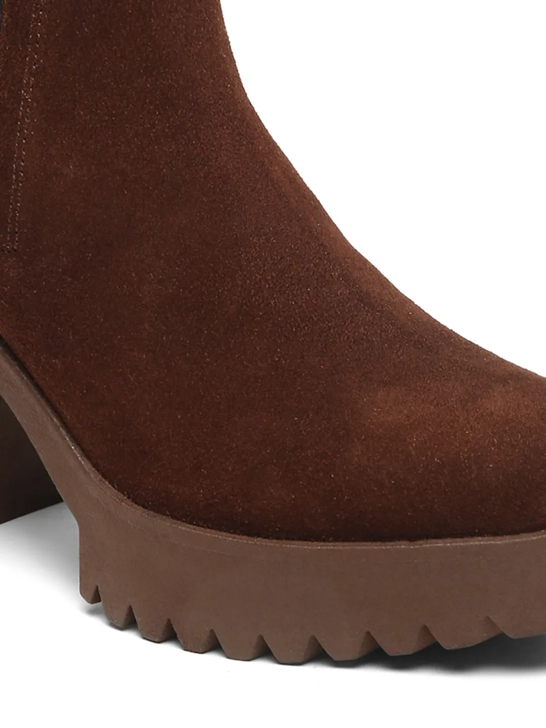 Women's Brown Suede Leather Mid - Ankle High Heeled Boots