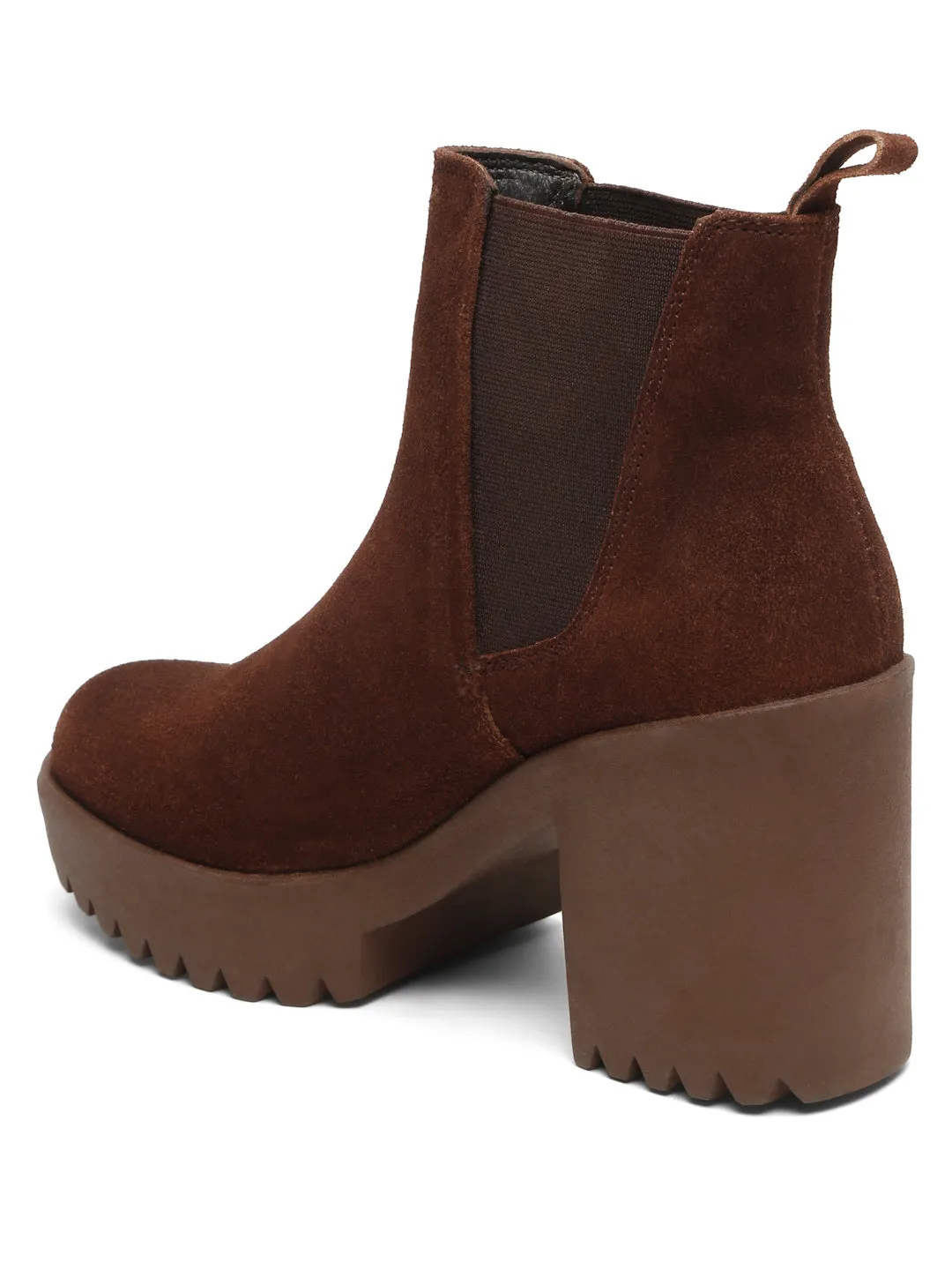 Women's Brown Suede Leather Mid - Ankle High Heeled Boots