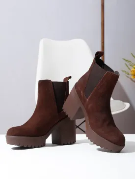 Women's Brown Suede Leather Mid - Ankle High Heeled Boots