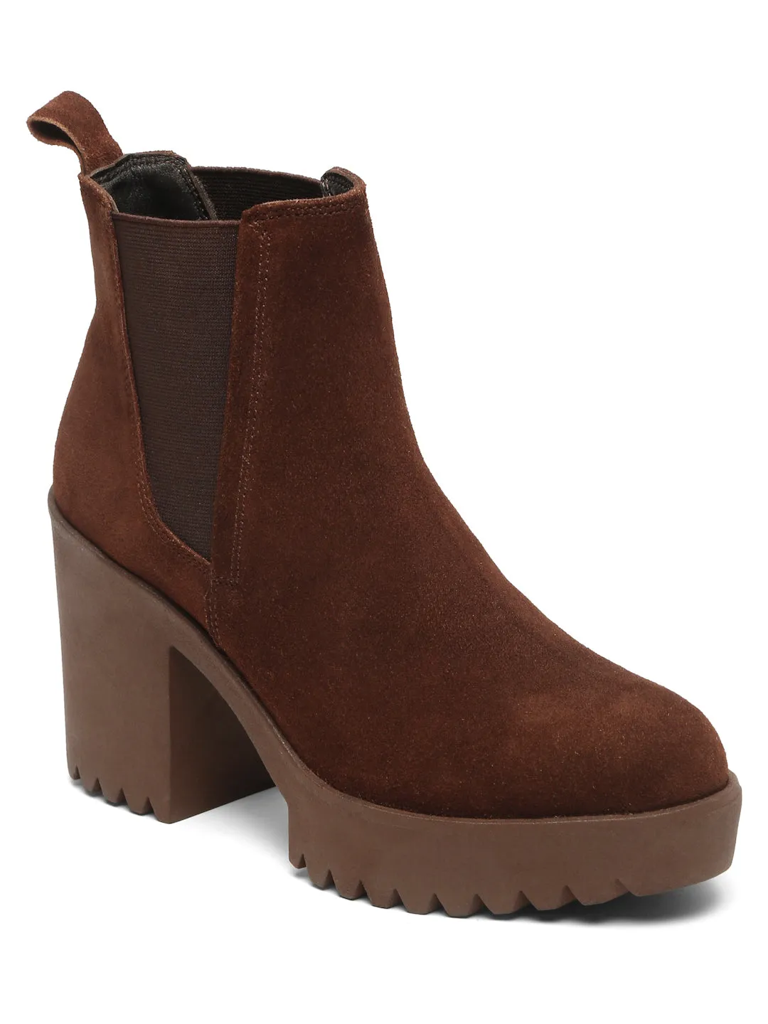Women's Brown Suede Leather Mid - Ankle High Heeled Boots