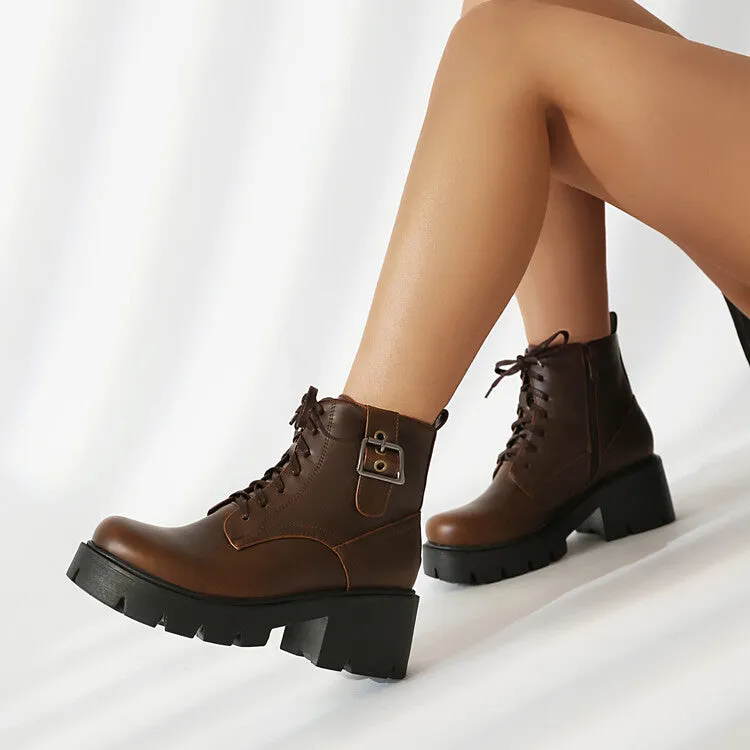 Women's Lace-Up Square Toe Block Heel Platform Ankle Boots