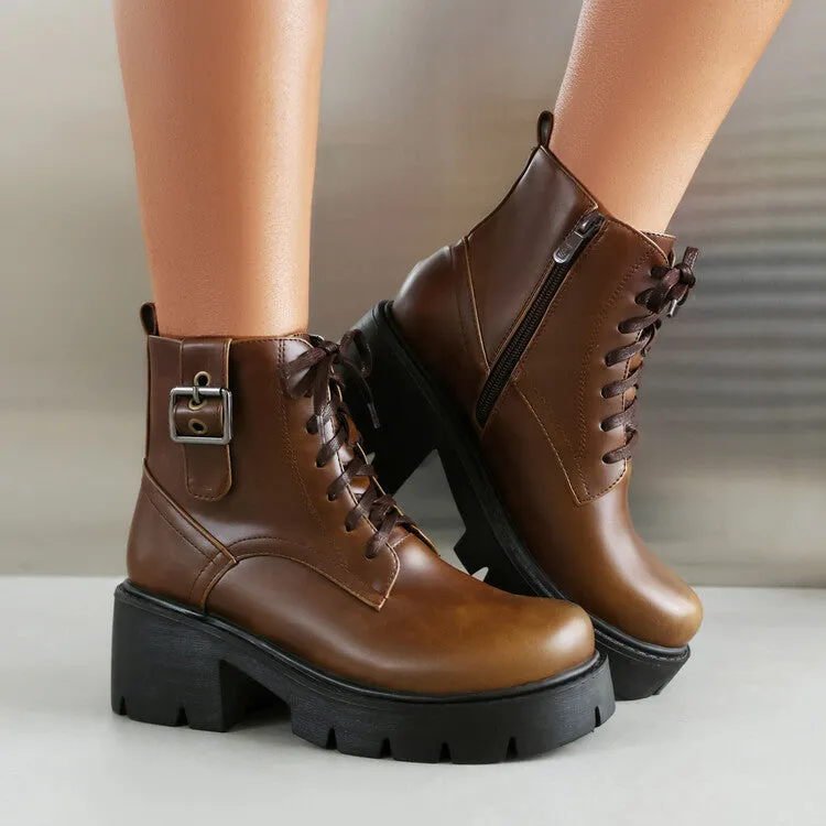 Women's Lace-Up Square Toe Block Heel Platform Ankle Boots