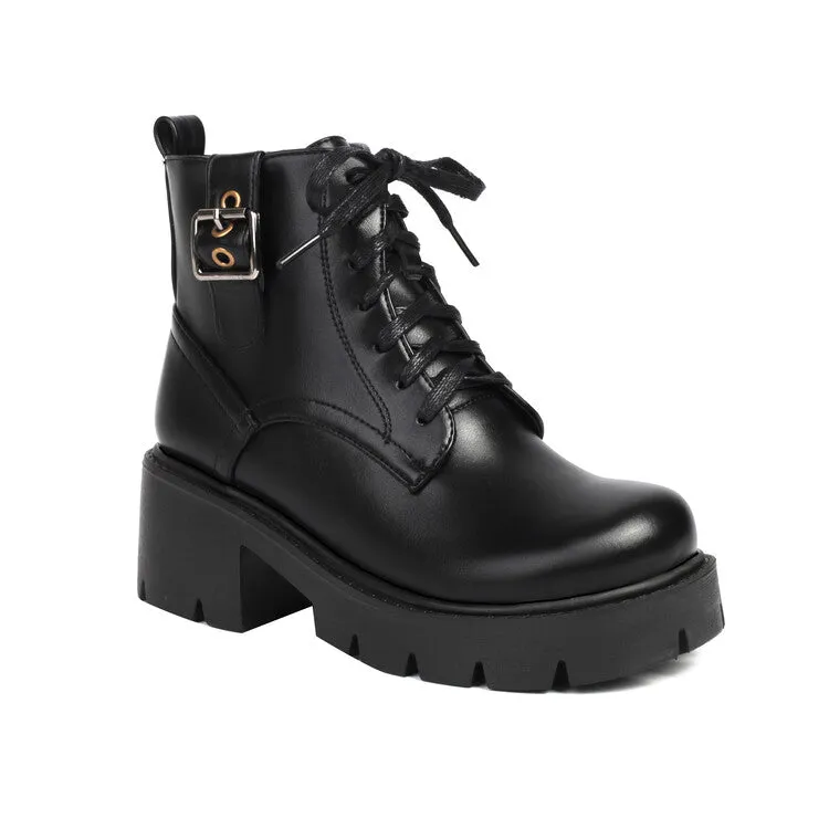 Women's Lace-Up Square Toe Block Heel Platform Ankle Boots