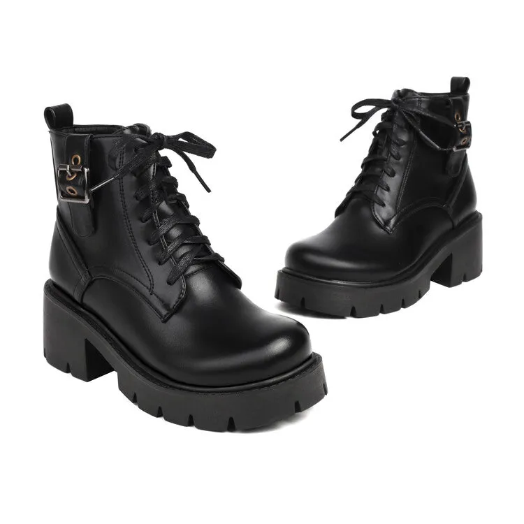 Women's Lace-Up Square Toe Block Heel Platform Ankle Boots