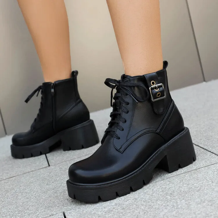 Women's Lace-Up Square Toe Block Heel Platform Ankle Boots