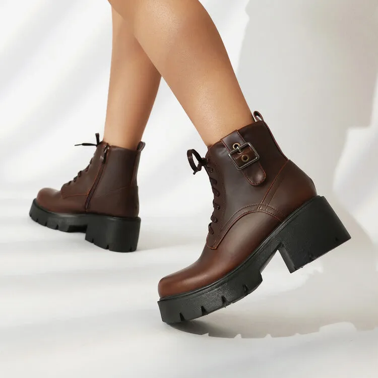 Women's Lace-Up Square Toe Block Heel Platform Ankle Boots