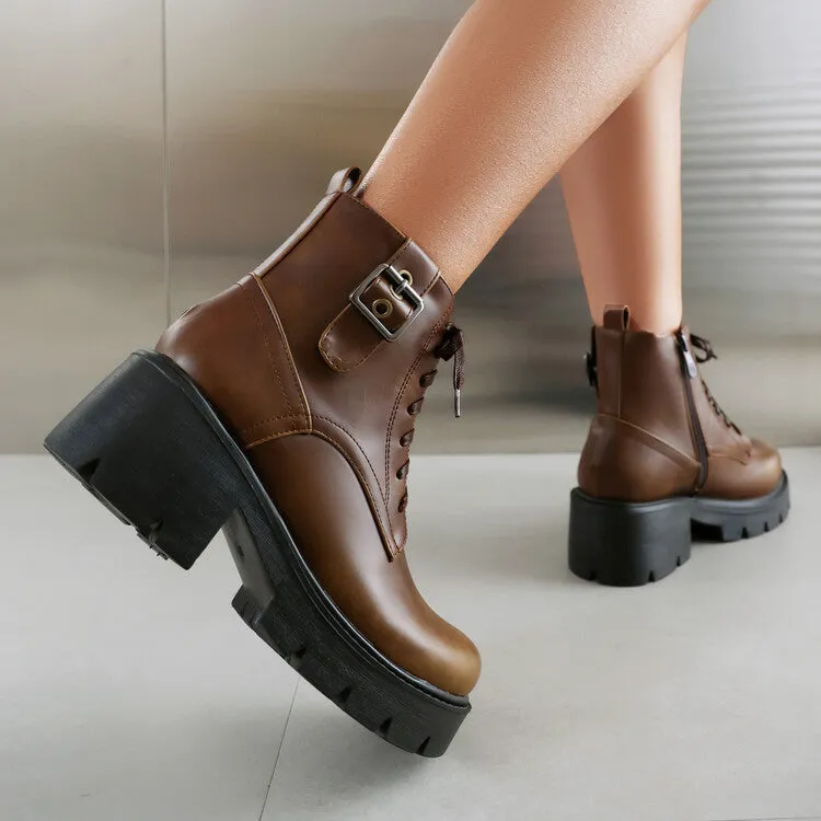 Women's Lace-Up Square Toe Block Heel Platform Ankle Boots