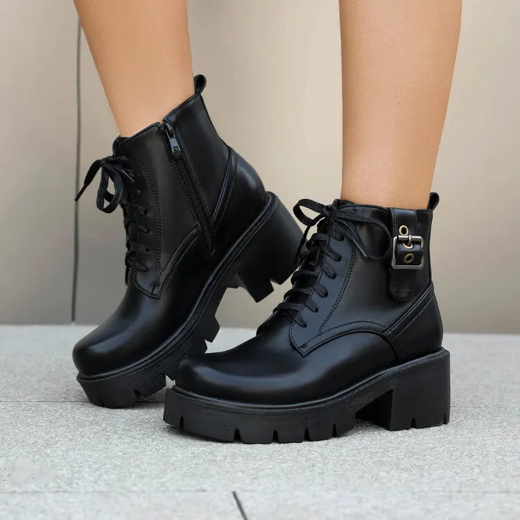 Women's Lace-Up Square Toe Block Heel Platform Ankle Boots