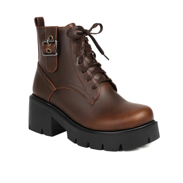 Women's Lace-Up Square Toe Block Heel Platform Ankle Boots
