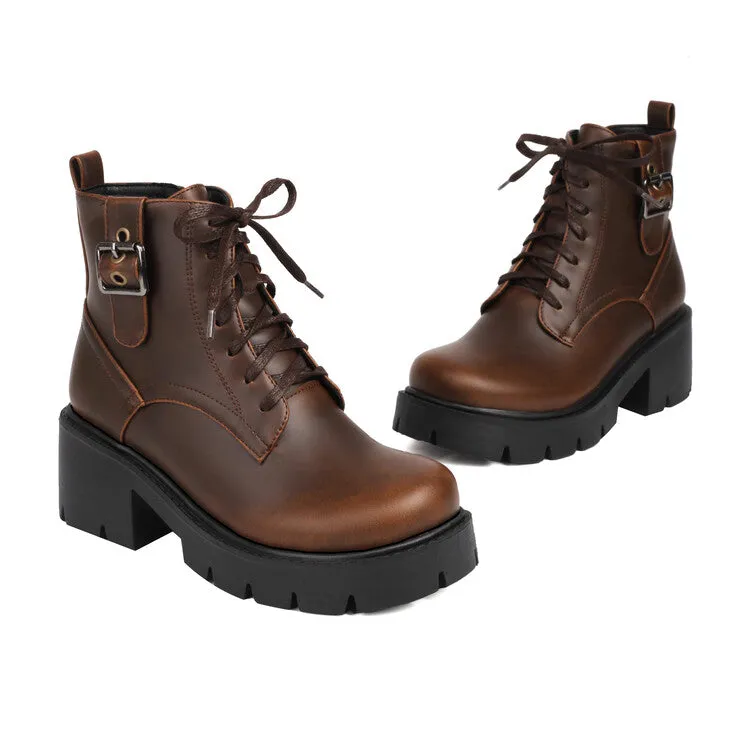 Women's Lace-Up Square Toe Block Heel Platform Ankle Boots