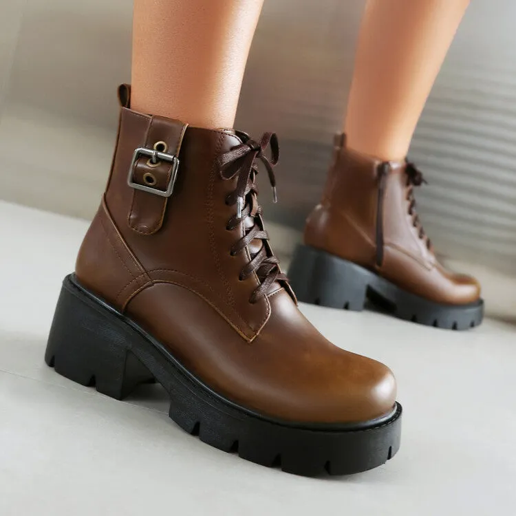 Women's Lace-Up Square Toe Block Heel Platform Ankle Boots