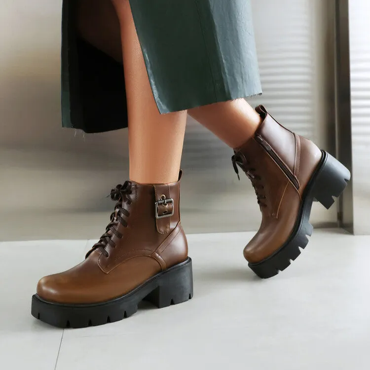 Women's Lace-Up Square Toe Block Heel Platform Ankle Boots