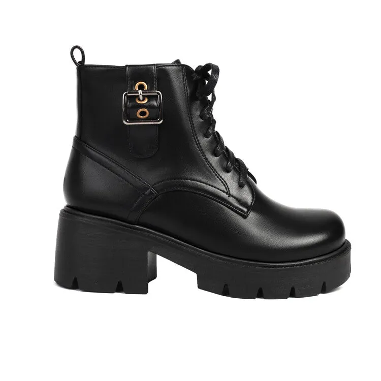 Women's Lace-Up Square Toe Block Heel Platform Ankle Boots