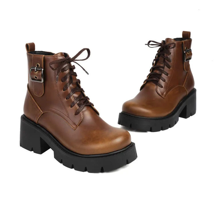 Women's Lace-Up Square Toe Block Heel Platform Ankle Boots