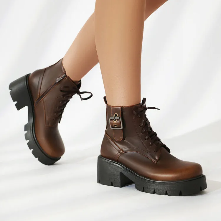 Women's Lace-Up Square Toe Block Heel Platform Ankle Boots