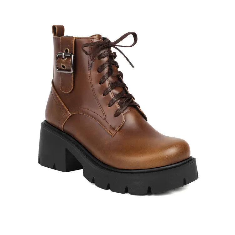 Women's Lace-Up Square Toe Block Heel Platform Ankle Boots