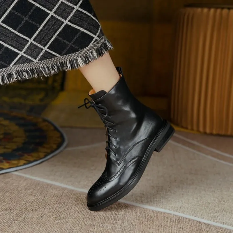 Women's Retro Carved Genuine Leather Ankle Boots – British Style Round Toe Autumn/Winter Shoes