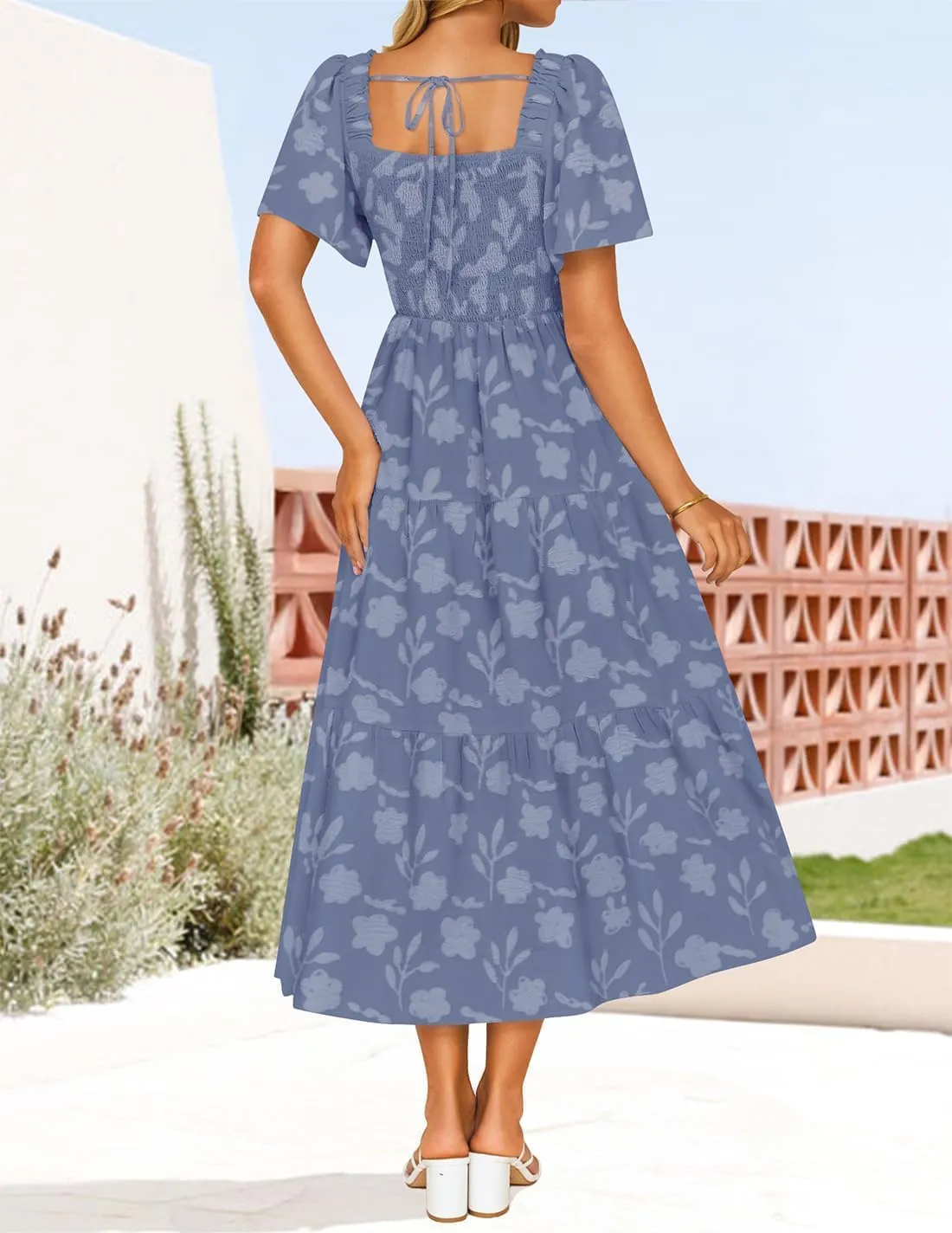 ZESICA Women??s Summer Boho Floral Midi Dress 2025 Casual Short Sleeve Square Neck Flowy Beach Vacation Long Dress