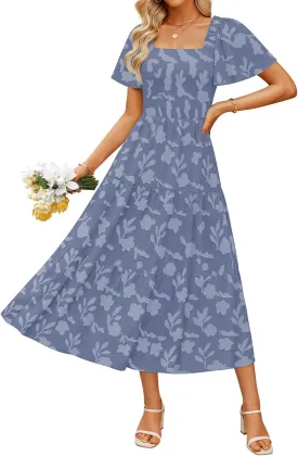 ZESICA Women??s Summer Boho Floral Midi Dress 2025 Casual Short Sleeve Square Neck Flowy Beach Vacation Long Dress