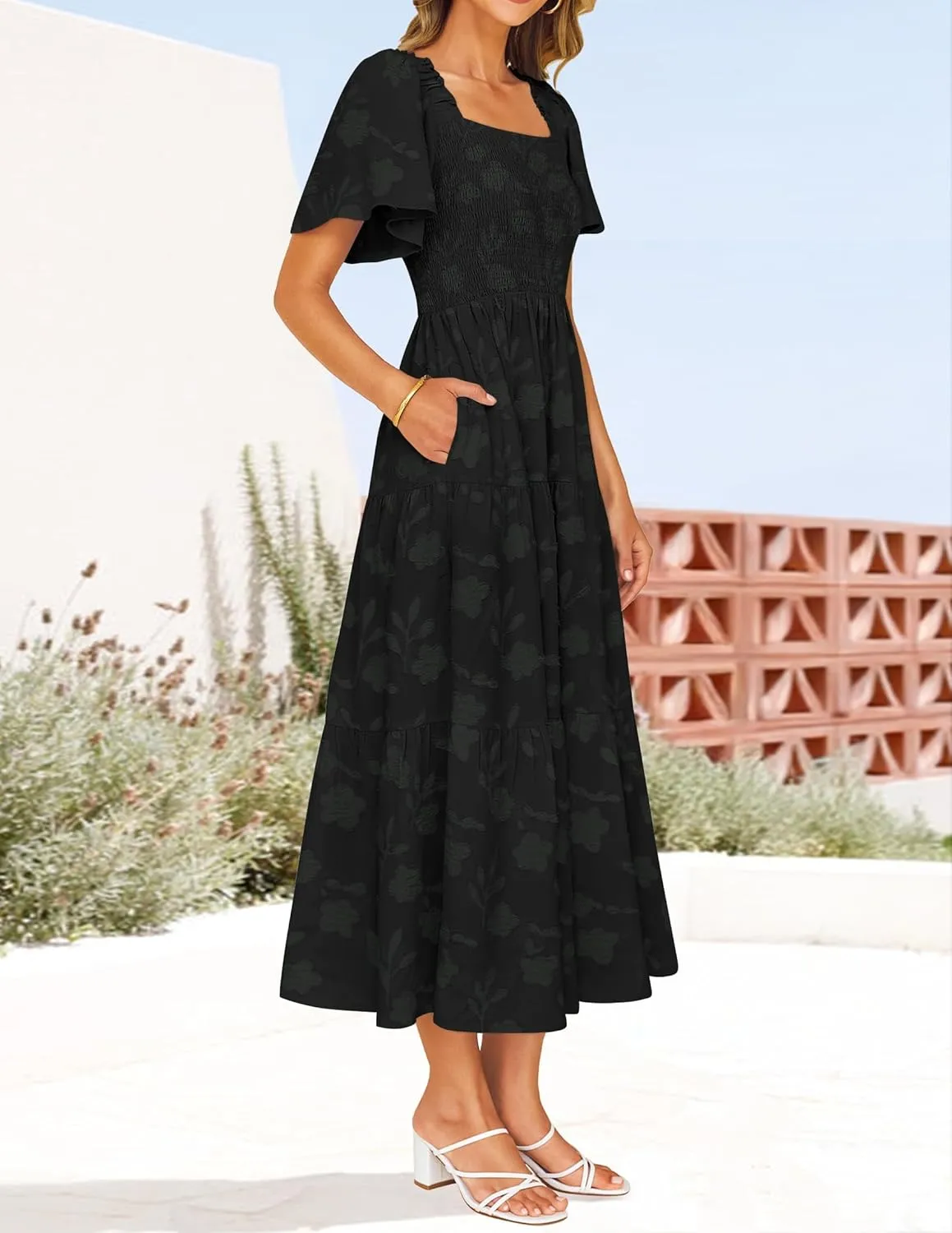 ZESICA Women??s Summer Boho Floral Midi Dress 2025 Casual Short Sleeve Square Neck Flowy Beach Vacation Long Dress