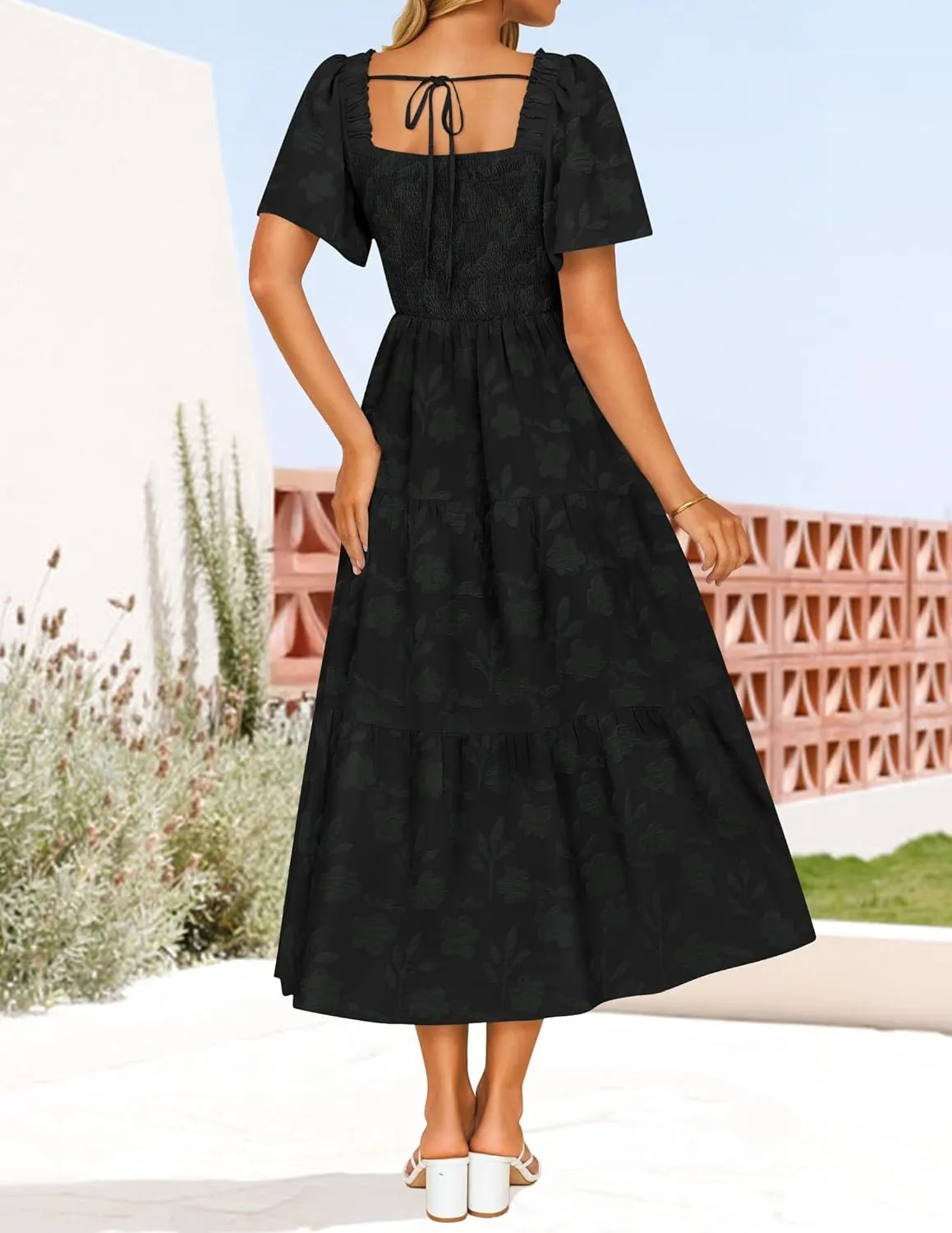 ZESICA Women??s Summer Boho Floral Midi Dress 2025 Casual Short Sleeve Square Neck Flowy Beach Vacation Long Dress