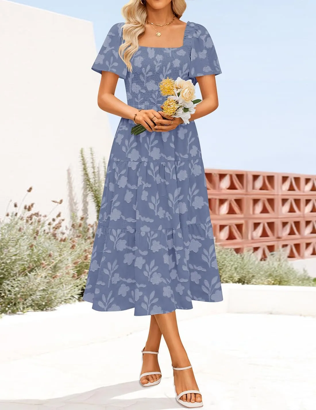 ZESICA Women??s Summer Boho Floral Midi Dress 2025 Casual Short Sleeve Square Neck Flowy Beach Vacation Long Dress