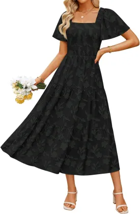 ZESICA Women??s Summer Boho Floral Midi Dress 2025 Casual Short Sleeve Square Neck Flowy Beach Vacation Long Dress