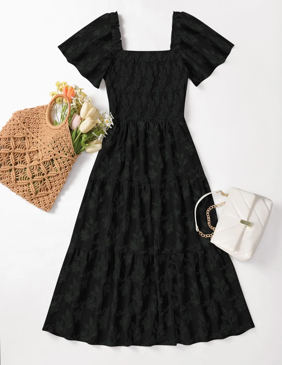 ZESICA Women??s Summer Boho Floral Midi Dress 2025 Casual Short Sleeve Square Neck Flowy Beach Vacation Long Dress