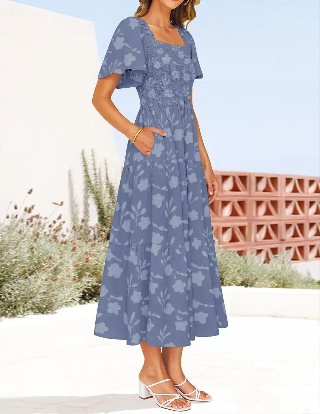 ZESICA Women??s Summer Boho Floral Midi Dress 2025 Casual Short Sleeve Square Neck Flowy Beach Vacation Long Dress