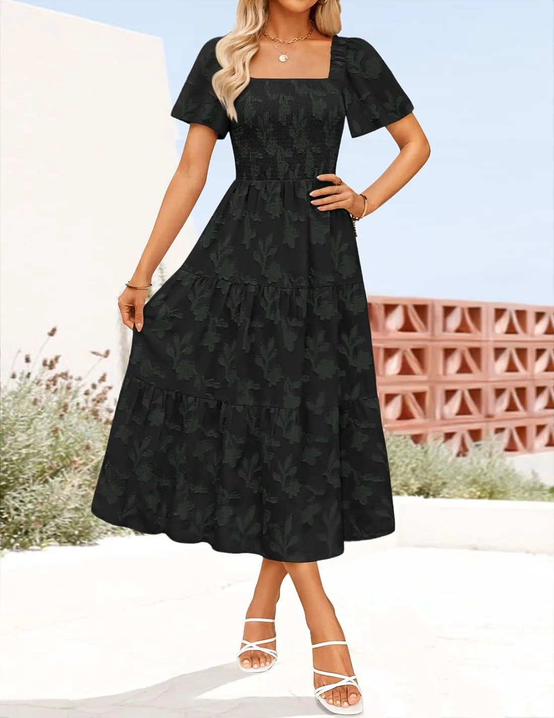 ZESICA Women??s Summer Boho Floral Midi Dress 2025 Casual Short Sleeve Square Neck Flowy Beach Vacation Long Dress