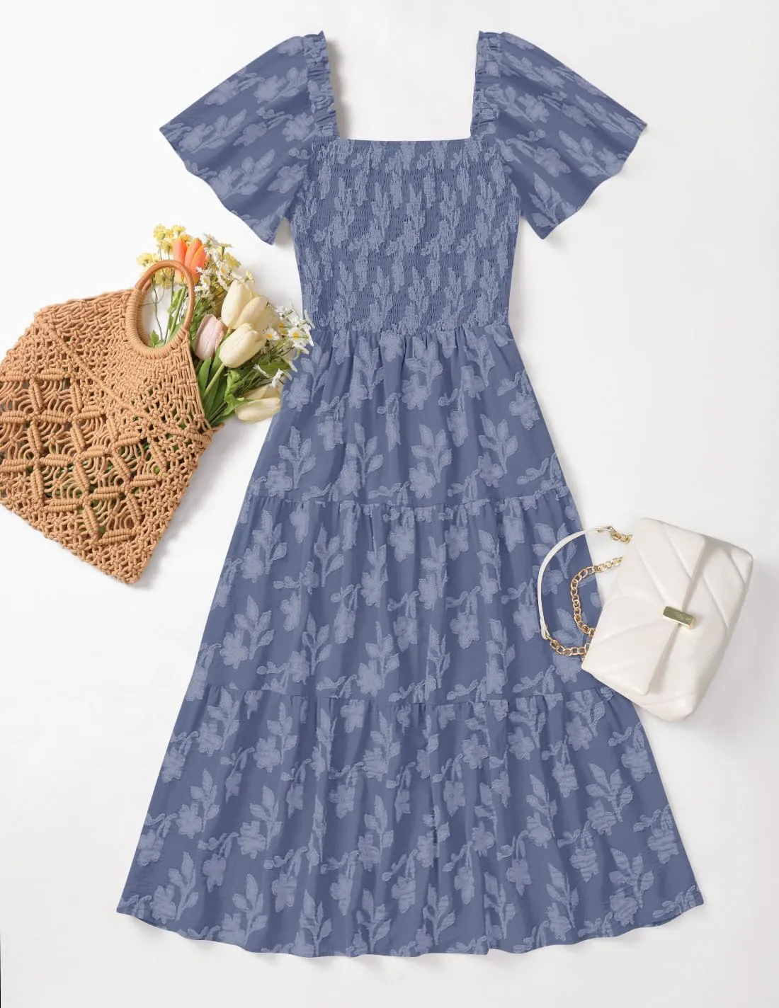 ZESICA Women??s Summer Boho Floral Midi Dress 2025 Casual Short Sleeve Square Neck Flowy Beach Vacation Long Dress