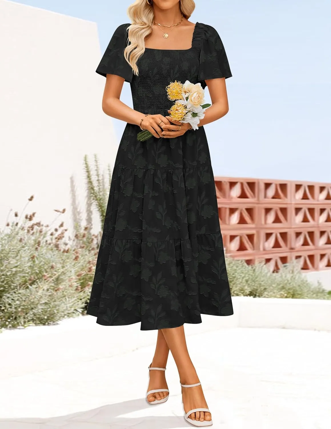 ZESICA Women??s Summer Boho Floral Midi Dress 2025 Casual Short Sleeve Square Neck Flowy Beach Vacation Long Dress